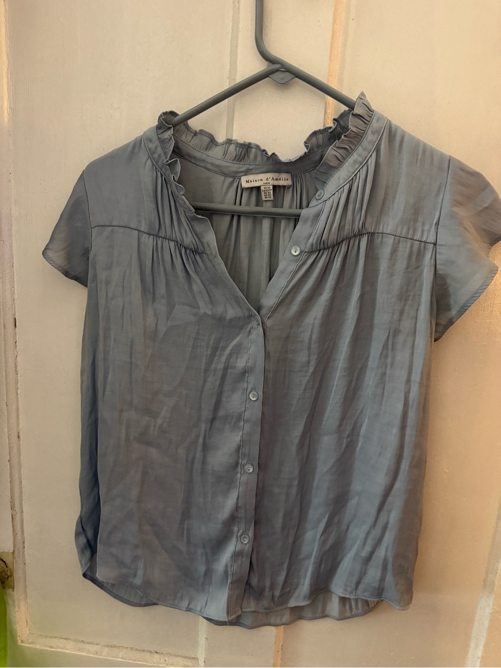 Maison d’Anille Slate Blue Ruffled-Neck Button Blouse